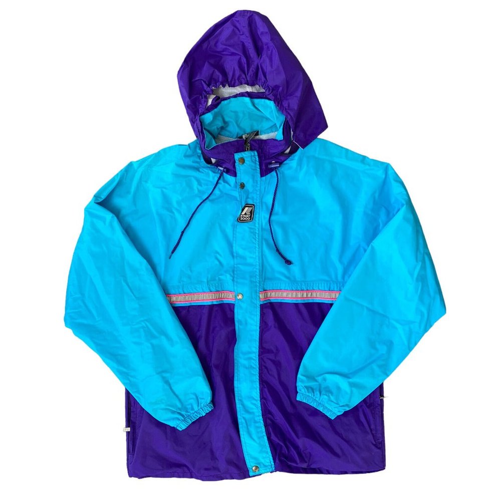 Vtg K-Way 2000 Windbreaker Jacket Colour Block Hooded Packable Size Large